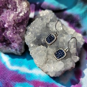 Small, silver & dark blue druzy stone earrings.